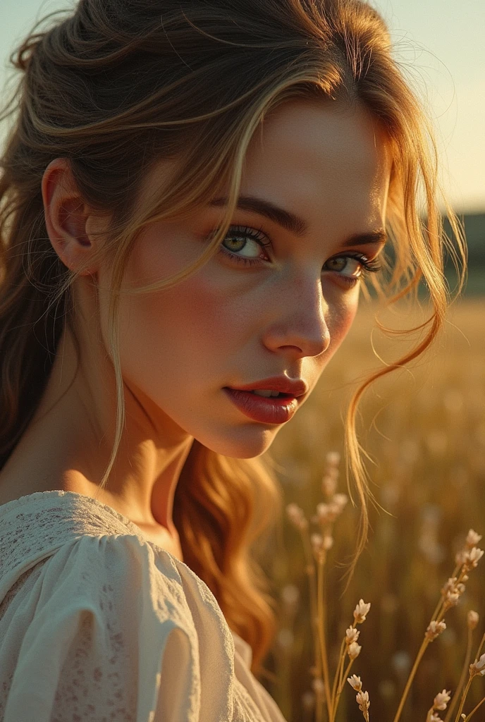 intricate detailed oil painting of a luscious milkmaid, beautiful detailed eyes, beautiful detailed lips, extremely detailed face, long eyelashes, farm, pastoral landscape, rolling hills, barn, 1girl, 1boy, romantic, passionate, intimate, sensual, warm lighting, glowing skin, soft shadows, golden hour, vibrant colors, photorealistic, (best quality, 4k, 8k, highres, masterpiece:1.2), ultra-detailed, (realistic, photorealistic, photo-realistic:1.37), cinematic