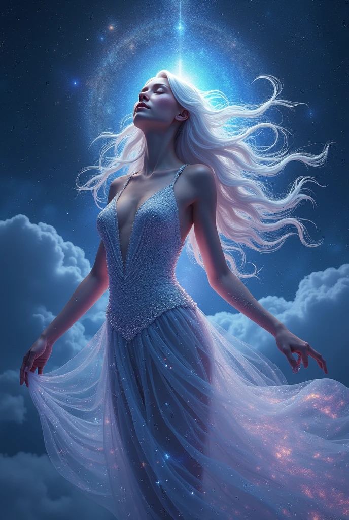 (Galactic Goddess:1.2), (celestial being:1.2), star-filled skin, flowing iridescent hair, ((masterpiece:1.4, best quality)), ((masterpiece, best quality)), (photo realistic:1.4), 1goddess, (divine female figure), ((glowing stars)), swirling nebulae, serene expression, (distant galaxies:1.2), cosmic attire, ((stardust gown, constellation patterns, celestial symbols)), ((floating asteroids:1.2)), shooting stars, radiant auroras, rich colors, deep blues, purples, hints of gold and silver, harmonious composition, magical, otherworldly, cosmic beauty, sexy pose,clean facial expression, professional lighting, physically-based rendering, ethereal, majestic, Rich Detail, Perfect Image Quality