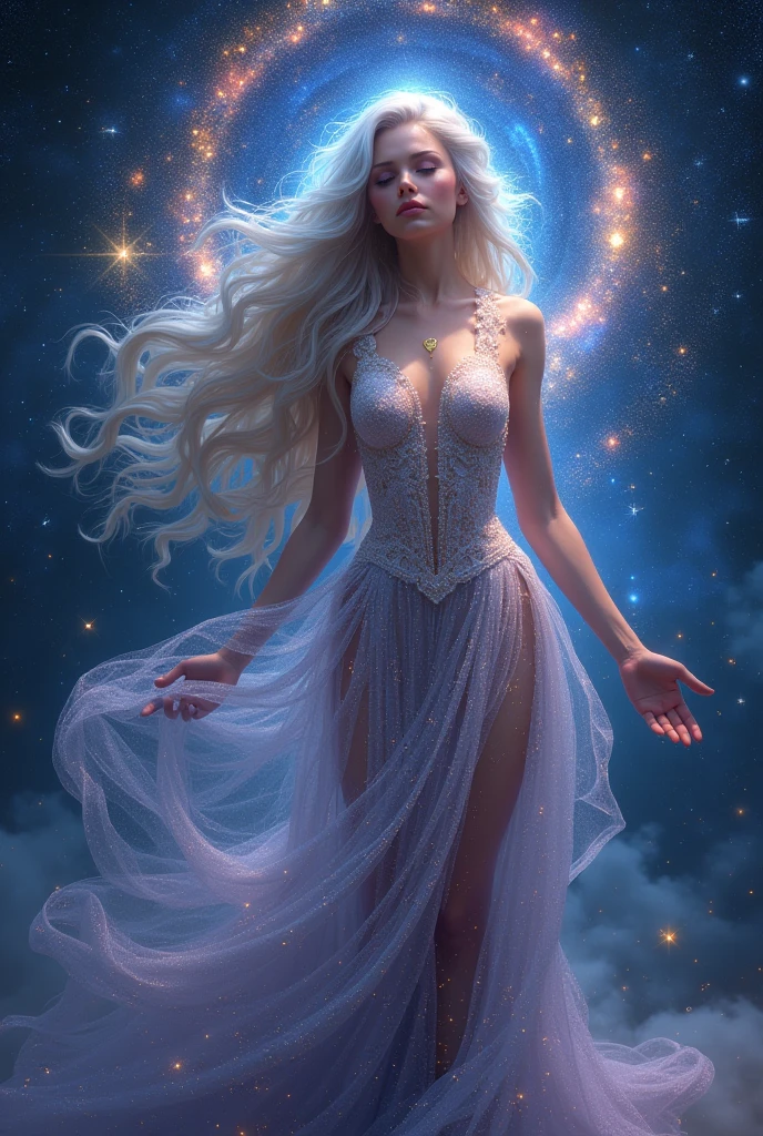 (Galactic Goddess:1.2), (celestial being:1.2), star-filled skin, flowing iridescent hair, ((masterpiece:1.4, best quality)), ((masterpiece, best quality)), (photo realistic:1.4), 1goddess, (divine female figure), ((glowing stars)), swirling nebulae, serene expression, (distant galaxies:1.2), cosmic attire, ((stardust gown, constellation patterns, celestial symbols)), ((floating asteroids:1.2)), shooting stars, radiant auroras, rich colors, deep blues, purples, hints of gold and silver, harmonious composition, magical, otherworldly, cosmic beauty, sexy pose,clean facial expression, professional lighting, physically-based rendering, ethereal, majestic, Rich Detail, Perfect Image Quality