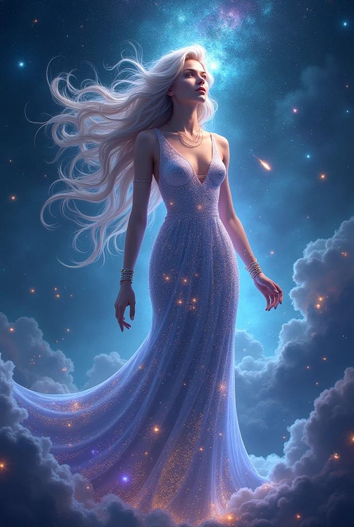 (Galactic Goddess:1.2), (celestial being:1.2), star-filled skin, flowing iridescent hair, ((masterpiece:1.4, best quality)), ((masterpiece, best quality)), (photo realistic:1.4), 1goddess, (divine female figure), ((glowing stars)), swirling nebulae, serene expression, (distant galaxies:1.2), cosmic attire, ((stardust gown, constellation patterns, celestial symbols)), ((floating asteroids:1.2)), shooting stars, radiant auroras, rich colors, deep blues, purples, hints of gold and silver, harmonious composition, magical, otherworldly, cosmic beauty, sexy pose,clean facial expression, professional lighting, physically-based rendering, ethereal, majestic, Rich Detail, Perfect Image Quality