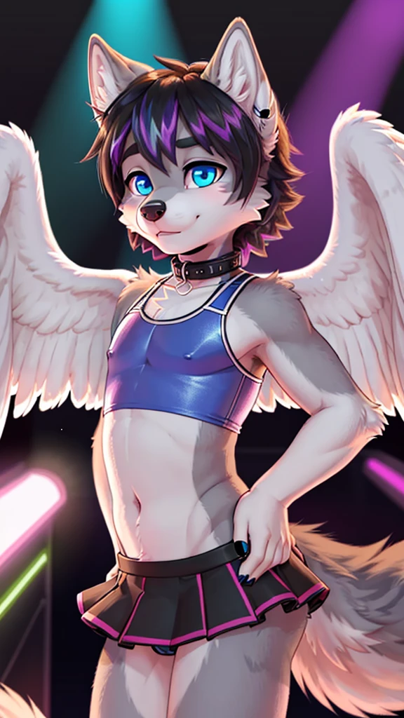 femboy, wolf boy, male, matching crop top and micro skirt, flat chested, tight collar, grey fur, white feathered wings, blue eyes, rave background,