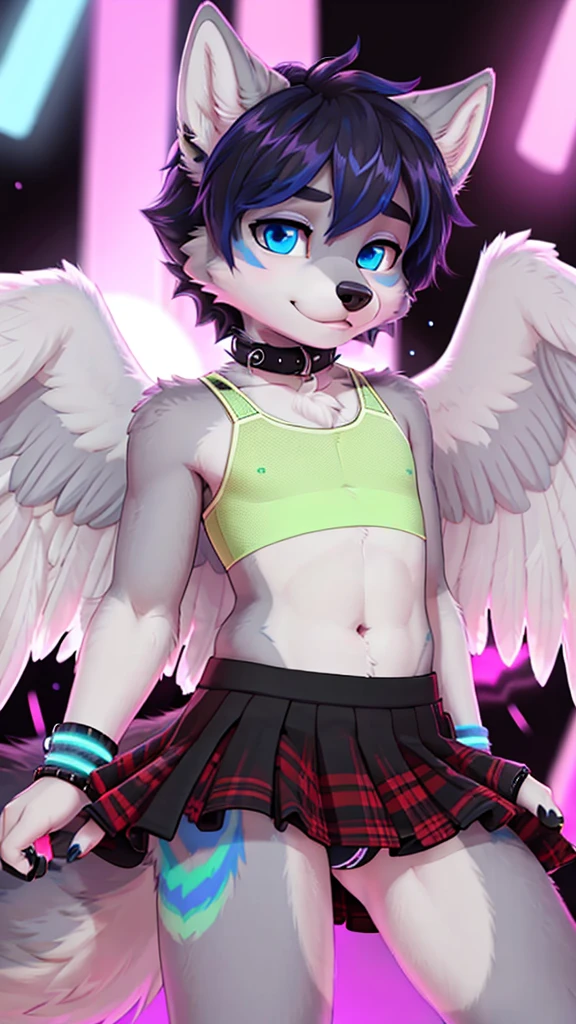 femboy, wolf boy, male, matching crop top and micro skirt, flat chested, tight collar, grey fur, white feathered wings, blue eyes, rave background,