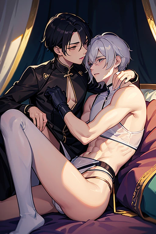 (Situation)Two men, mutual love, young men, BL, homosexual, lying on a bed, looking at each other and kissing, dark room at night, Chinese style
(Common appearance) A man dressed as a woman, a slender man, a man in long-sleeved sexy lingerie with see-through fabric, a man in a Chinese dress with see-through fabric, a woman dressed as a woman, elbow-length gloves with see-through fabric, see-through socks, nipples showing through thin fabric, pectoral muscles, penis visible, erect penis
(1st person) A boy around , black hair, purple eyes, ecstatic expression, shyness, feeling good, chest muscles, rubbing chest
(Second Person) A man in his 20s with silver hair and green eyes, an ecstatic expression, embarrassed, and feeling good. He is lying on the bed with his legs spread and rubbing his crotch.