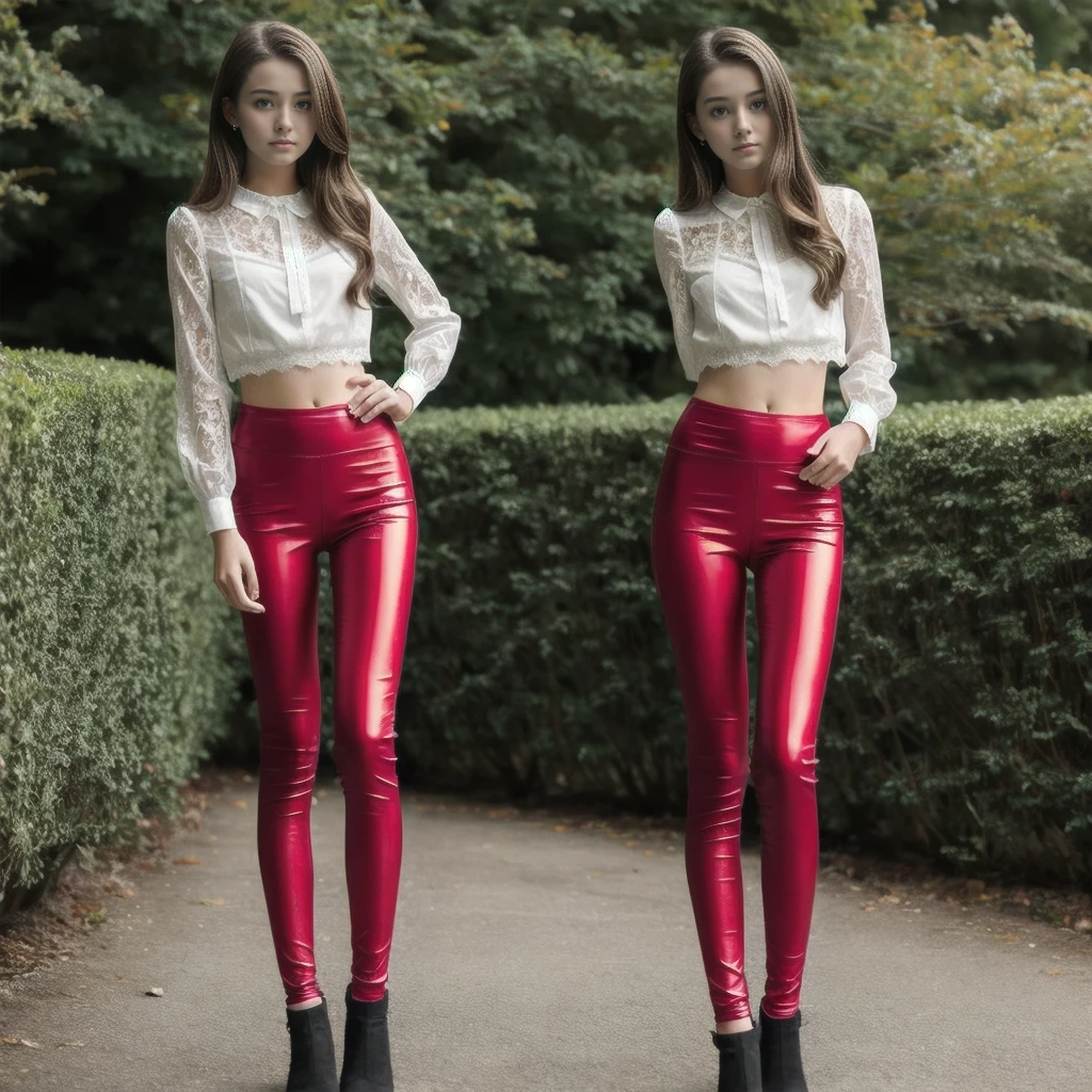 Young girl 15 years old, very slim, slender pelvis, lace blouse, shiny red leggings