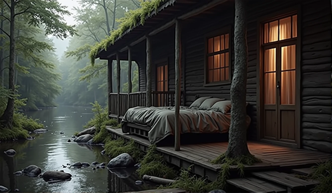 horror mood, dense forest, an old lakeside cabin, moss on the walls, gloomy night, realistic, abandoned, octane render, 8K, hyper realistic , poster style, hyper realistic acrylic painting, fibonacci, insane, intricate, highly detailed, digital painting, artstation, concept art, smooth, sharp focus, unreal engine 5