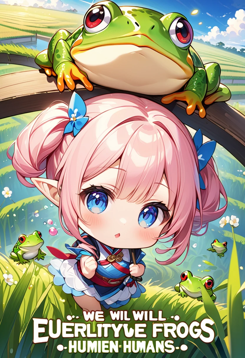 Highest quality、High resolution、Detailed Background、Beautiful face in every detail、Anatomically correct、Detailed facial expressions、fine grain、((One Girl:1.2)、((Chibi Girl:1.2)))、Cute hair color、Big beautiful blue eyes、Fuller lips、Pink Lips、Braided twin tails、Ahoge、(Movie Posters:1.2、((title is"We will definitely achieve a bridge between humans and frogs."))、(In the background is a rice field with swaying ears of rice.)