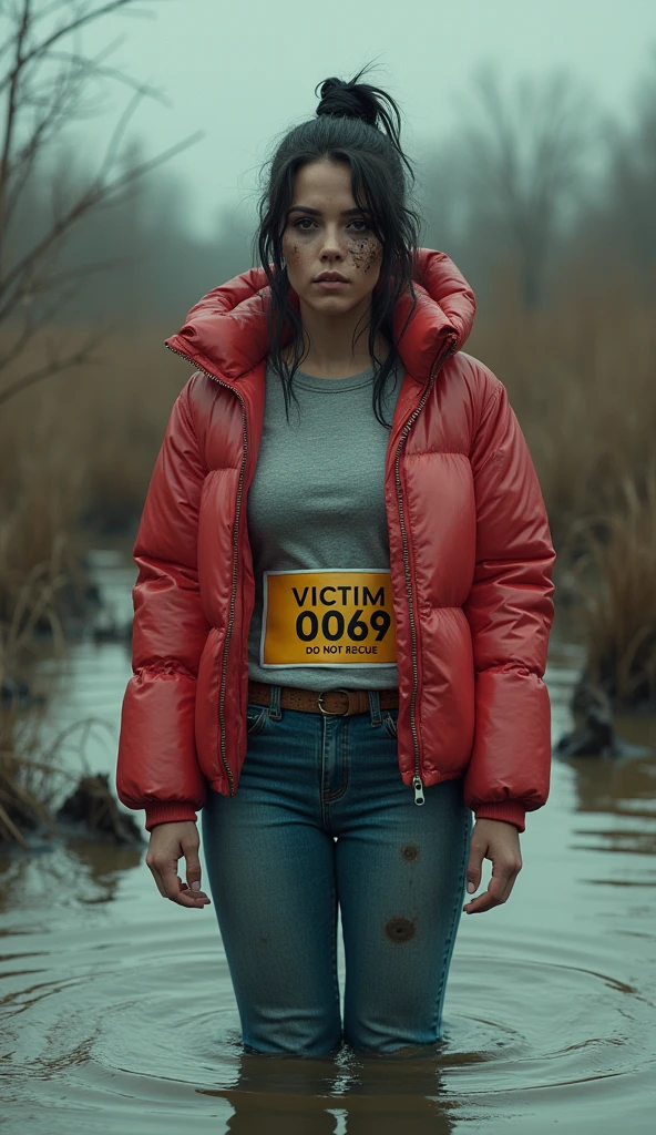 woman, sporty shiny faded down jacket,in the foreground: sport race bib "VICTIM 0069 DO NOT RESCUE", flared jeans, stuck in bog, ritual hairdress,makeup.collar only