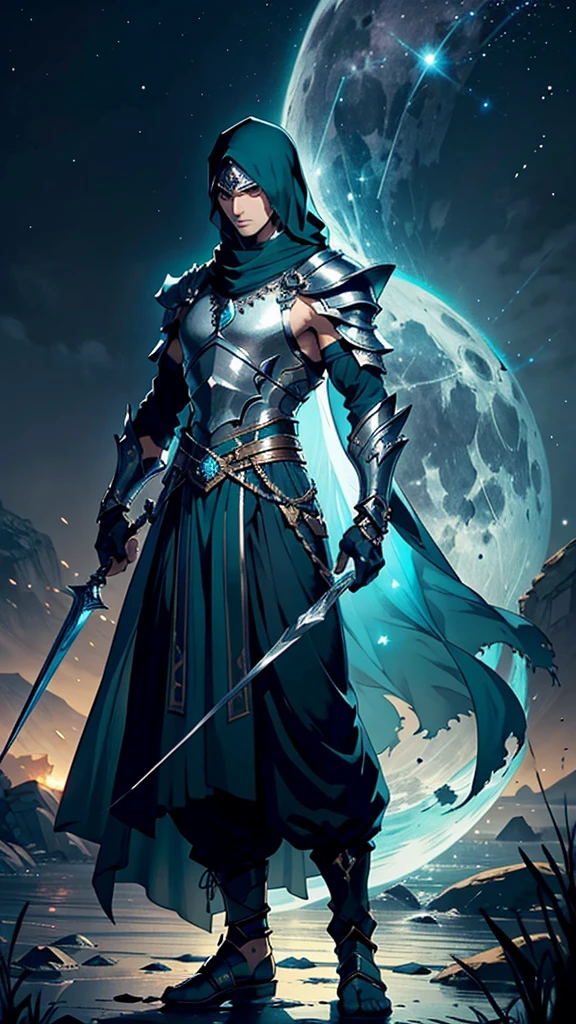 Here's a refined 200-word prompt for creating an 8K image of a male Islamic warrior at night:
---
"Create an 8K quality image of a male Islamic warrior at night, shown from the back. He wears a long, flowing green dress richly adorned with intricate Islamic patterns, emphasizing both spiritual depth and readiness for battle. The dress should have a majestic appearance with elaborate embroidery that subtly reflects the moonlight. The warrior also wears a traditional Arabian headscarf (imama), which should be detailed and complement his attire.
The scene is set against a deep, dark night sky illuminated by a full moon. The moonlight should cast a soft, ambient glow, highlighting the textures and details of the warrior's dress and imama while creating a dramatic and spiritual atmosphere. The background should include subtle, fantastical elements such as faint stars or a delicate mist to enhance the mystical quality of the night.
Focus on the interplay of light and shadow to create depth and dimension in the image. The warrior should appear resolute and spiritually centered, with the full-body view capturing the elegance and grandeur of his attire. The overall composition should convey a sense of reverence, readiness, and spiritual majesty."
---
This prompt provides a detailed and atmospheric description suitable for generating a striking image of an Islamic warrior at night.