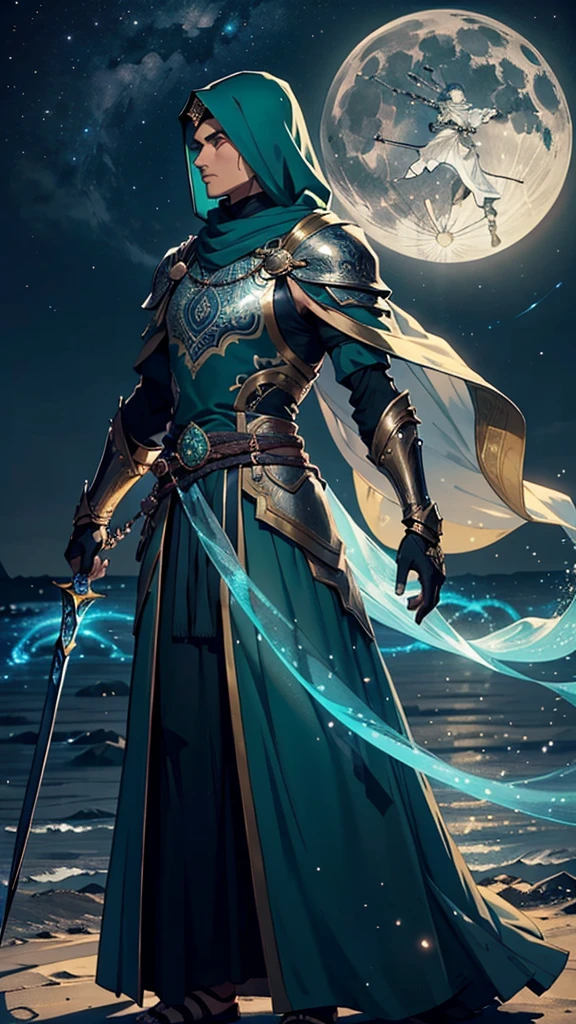 Here's a refined 200-word prompt for creating an 8K image of a male Islamic warrior at night:
---
"Create an 8K quality image of a male Islamic warrior at night, shown from the back. He wears a long, flowing green dress richly adorned with intricate Islamic patterns, emphasizing both spiritual depth and readiness for battle. The dress should have a majestic appearance with elaborate embroidery that subtly reflects the moonlight. The warrior also wears a traditional Arabian headscarf (imama), which should be detailed and complement his attire.
The scene is set against a deep, dark night sky illuminated by a full moon. The moonlight should cast a soft, ambient glow, highlighting the textures and details of the warrior's dress and imama while creating a dramatic and spiritual atmosphere. The background should include subtle, fantastical elements such as faint stars or a delicate mist to enhance the mystical quality of the night.
Focus on the interplay of light and shadow to create depth and dimension in the image. The warrior should appear resolute and spiritually centered, with the full-body view capturing the elegance and grandeur of his attire. The overall composition should convey a sense of reverence, readiness, and spiritual majesty."
---
This prompt provides a detailed and atmospheric description suitable for generating a striking image of an Islamic warrior at night.
