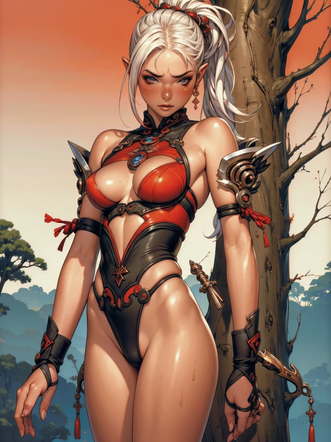 (best qualityer))), (((manga strokes))), (((white hair with red highlights))), (((blue skin))), uma Kizi elfo com orelha pontudas em uma floresta densa, semi-naked with arms covered in rustic metal articulated armor, breasts covered with bands, tiny thong thong, perfect fitness body, perfect face with blush, freckles, skin shiny with sweat, dynamic pose, moving between the trees, looking back, fugitive, bitter face on my thigh, nude belly, fantasy atmosphere, sexly, manga strokes, High definition, (((best qualityer: 1.4))), (Unbeatable masterpiece), (hiper HD),(CG 8k hyper-realistic), Kizi, (((standing alone)))