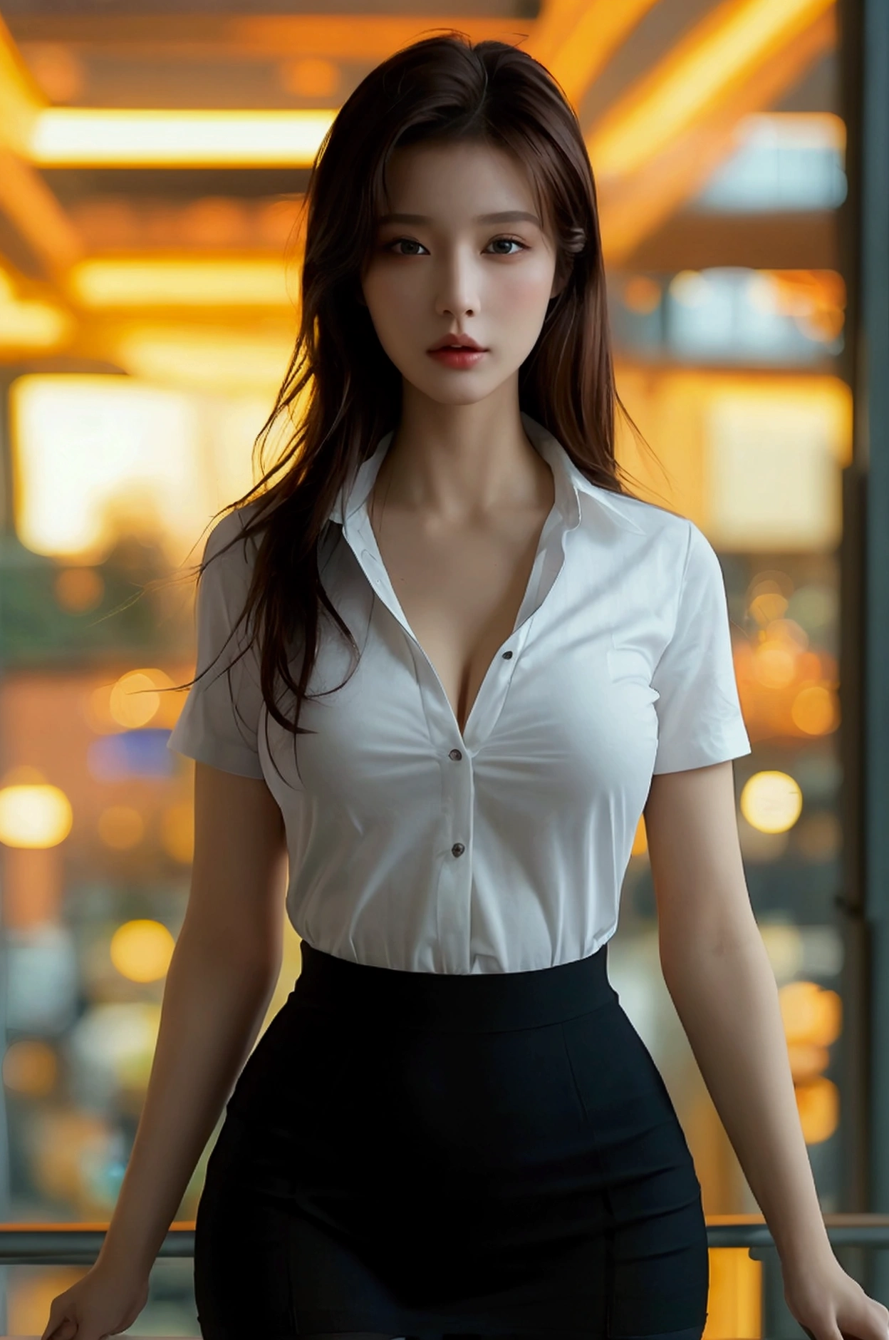 ((best quality, 8ก, Masterpiece :1.3)), whole body, Sharp focus :1.2, Beautiful woman with a perfect figure :1.4, Slender stomach :1.2, ((dark brown hair, big breasts :1.2)), body set :1.1, temperament , Exciting, passion,(night city view, modern balcony :1.1), Highly detailed facial and skin textures, Detailed eyes, Double eyelids, small breasts, OL uniform, office Wear, white t-shirt, The rift revealed, (black stockings), (no panties), Interior Scene, office