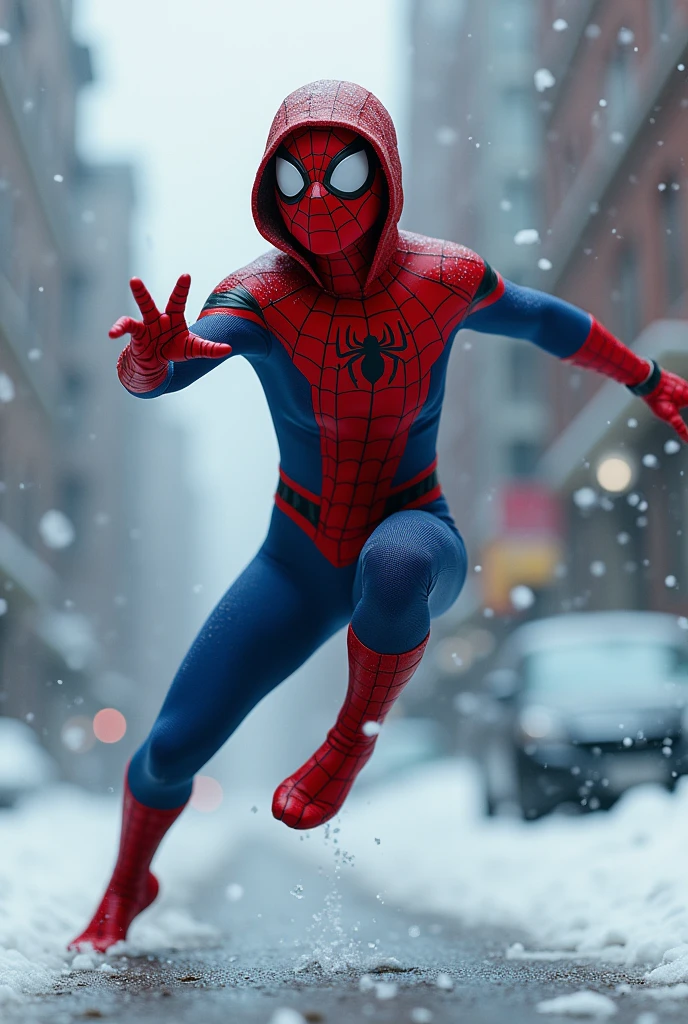 A natural fusion between Spider-Woman and a cute penguin、Wears a sleek red and blue bodysuit。 Spider logo on chest. Agile, Jump preparation pose, Stretch out one hand、Like trying to blow away the spider web
