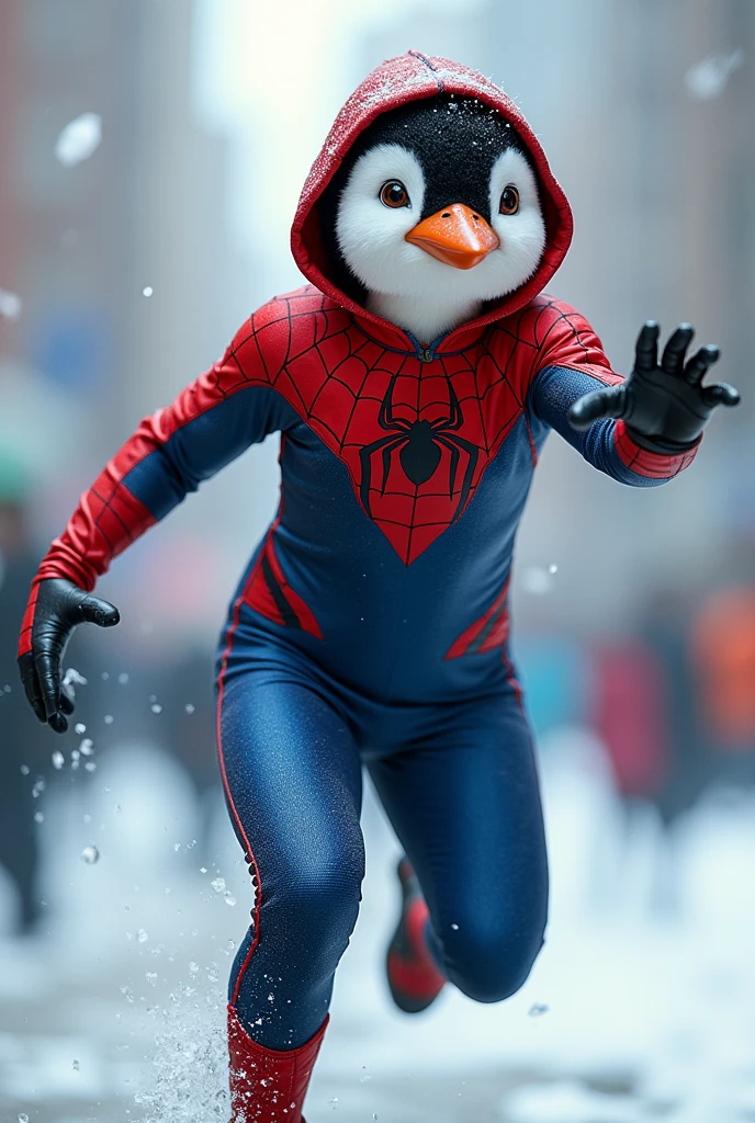 A natural fusion between Spider-Woman and a cute penguin、Wears a sleek red and blue bodysuit。 Spider logo on chest. Agile, Jump preparation pose, Stretch out one hand、Like trying to blow away the spider web