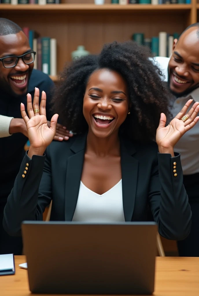 A photorealistic scene capturing the moment of triumph and camaraderie. A young African lawyer, elegantly dressed in a black suit and white camisole, beams with joy as she looks at laptop and waves her hands in the air in jubilation, surrounded by her excited colleagues who share in her excitement and tap her shoulders as a sign of congratulations. The setting is a bright, modern office or library, symbolizing success and achievement.