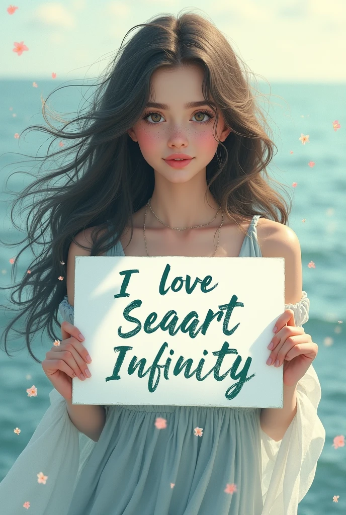 Beautiful girl with wavy long hair, bohemian dress, holding a white board with text "I Love Seaart Infinity" and showing it to the viewer