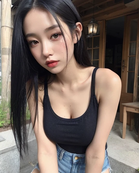 ((surreal、Super detailed image, maybe a photo.,Captures the details of the skin texture of an incredibly beautiful woman...))long straight black hair。(tight tank top:1.2), (denim shorts:1.2), outdoors.