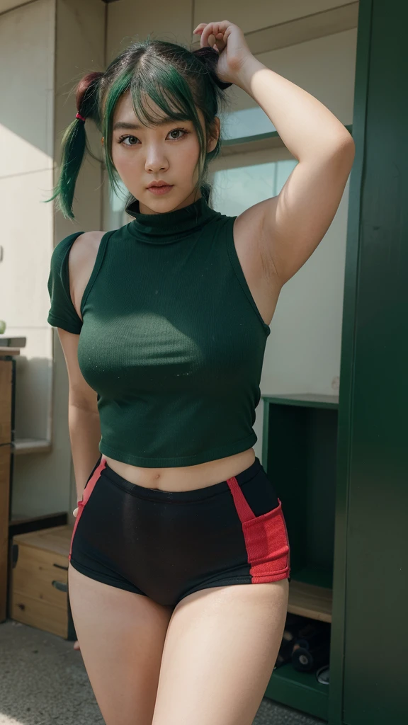 Chubby shy Korean woman, 20 years old, completely green hair, Tight-fitting black and red clothes, 2 pigtails of short hair, almond green eyes, fair skin, discreet make-up, cute, energetic attitude, ultra high resolution, ultra detailed.
