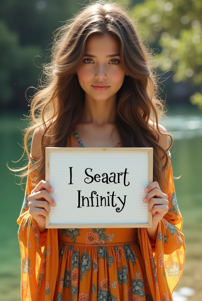 Beautiful girl with wavy long hair, bohemian dress, holding a white board with text "I Love Seaart Infinity" and showing it to the viewer