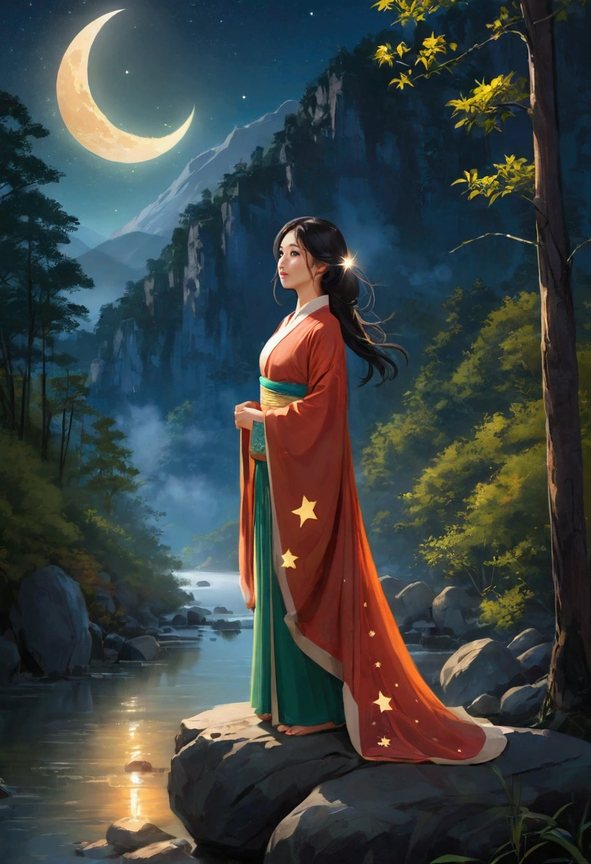 1 beautiful young Asian woman, outdoor, (night), Mountains, nature, (Star, moon) hapiness, hapiness的, forest, Stone, river, wood, Cool colors, (Warm colors: 1.2), Movie Light, Side Light, masterpiece, best quality, Extremely detailed, Ultra-high resolution,  Best shadow