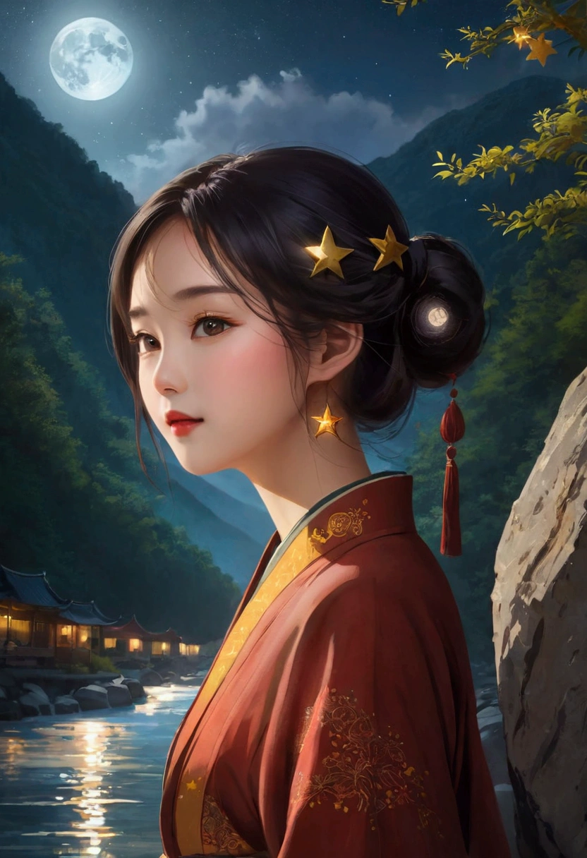 1 beautiful young Asian woman, outdoor, (night), Mountains, nature, (Star, moon) hapiness, hapiness的, forest, Stone, river, wood, Cool colors, (Warm colors: 1.2), Movie Light, Side Light, masterpiece, best quality, Extremely detailed, Ultra-high resolution,  Best shadow