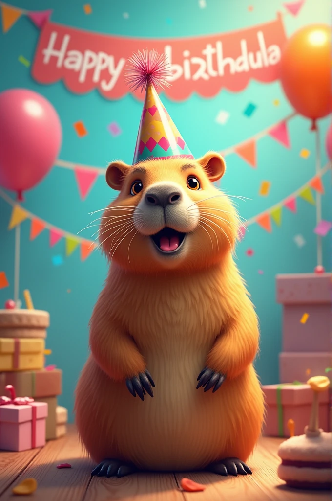 Birthday image with a capybara celebrating, Saying Happy Birthday Paula