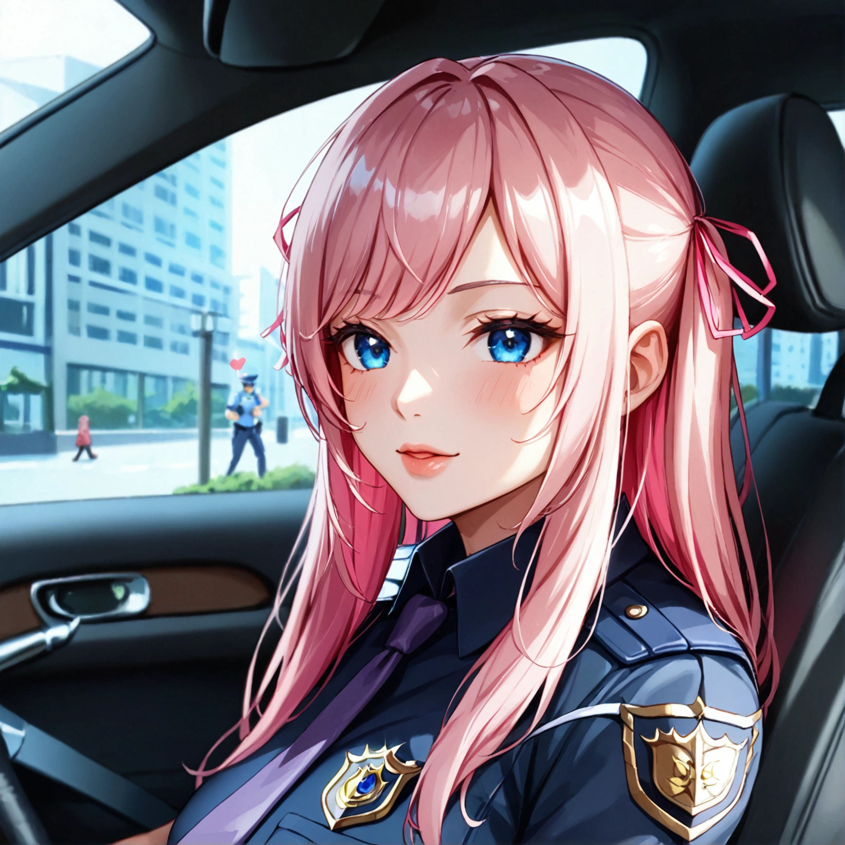 ((Highest quality))、(masterpiece)、(Realistic Shadows)、NSFW、(A policewoman sits in the passenger seat)、View from the front、anguish(１8  beautiful girl),(email)、Twin tails、Long Hair、(colored inner hair　black hair + pink inner hair)、Pink hair ribbon、Blue eyes、Black shirt、Purple tie、(A male police officer is in the driver&#39;s seat)、handjob、While driving、Side by side