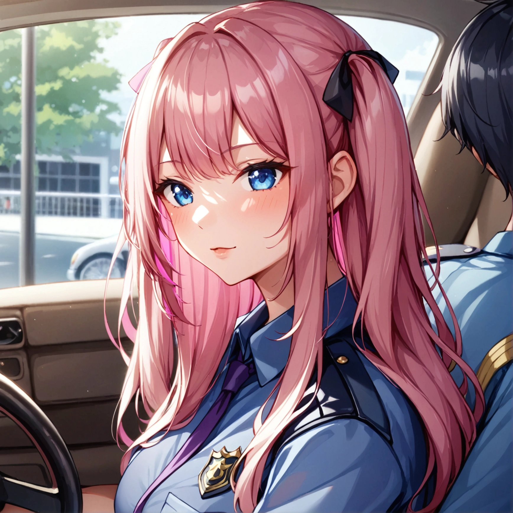 ((Highest quality))、(masterpiece)、(Realistic Shadows)、NSFW、(A policewoman sits in the passenger seat)、View from the front、anguish(18 year old beautiful girl),(email)、Twin tails、Long Hair、(colored inner hair black hair + pink inner hair)、Pink hair ribbon、Blue eyes、Black shirt、Purple tie、(A male police officer is in the driver's seat)、handjob、While driving、Side by side