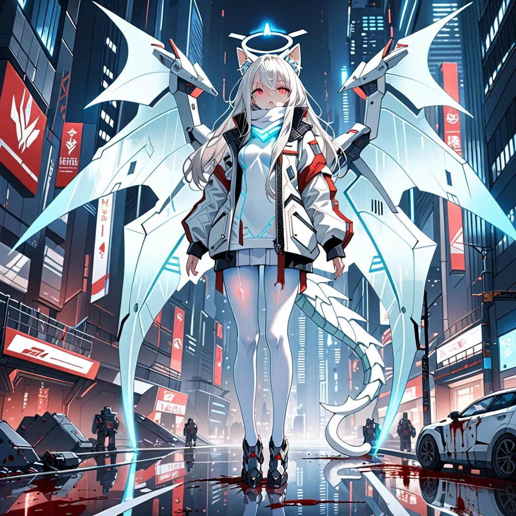 masterpiece, highest quality, highest resolution, clear_image, detailed details, white hair, long hair, 1 girl, cat ears, red eyes, futuristic dragon wings, futuristic halo, white sci fi mecha jacket, white scarf (around the neck withn a light blue glow), white pantyhose, full body, no water marks, city, blood coming out of mouth