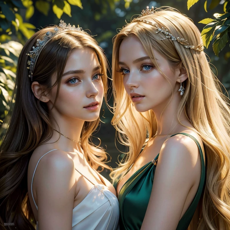 (masterpiece, best quality:1.5), highest quality, High resolution, super detailed, Realists, Full body photo of blonde woman, long open straight hair, detailed and beautiful eyes, beautiful detailed lips, very detailed eyes and face, longeyelashes, Woman in green and purple evening dress made of shiny satin fabric, Beautiful and colorful makeup, elegant and noble々Pose, Satin headbands and jewelry, Gardens as background, soft daylight, bright colors, fine brushstrokes, Portrait style, Plain dress fabric, beautiful color palette, glowing skin, First-class rendering, that captures every detail, enchanting atmosphere, subtle shadows and lights, (perfect anatomy:1.2), (Two stunning women with their mouths open. Surprised look