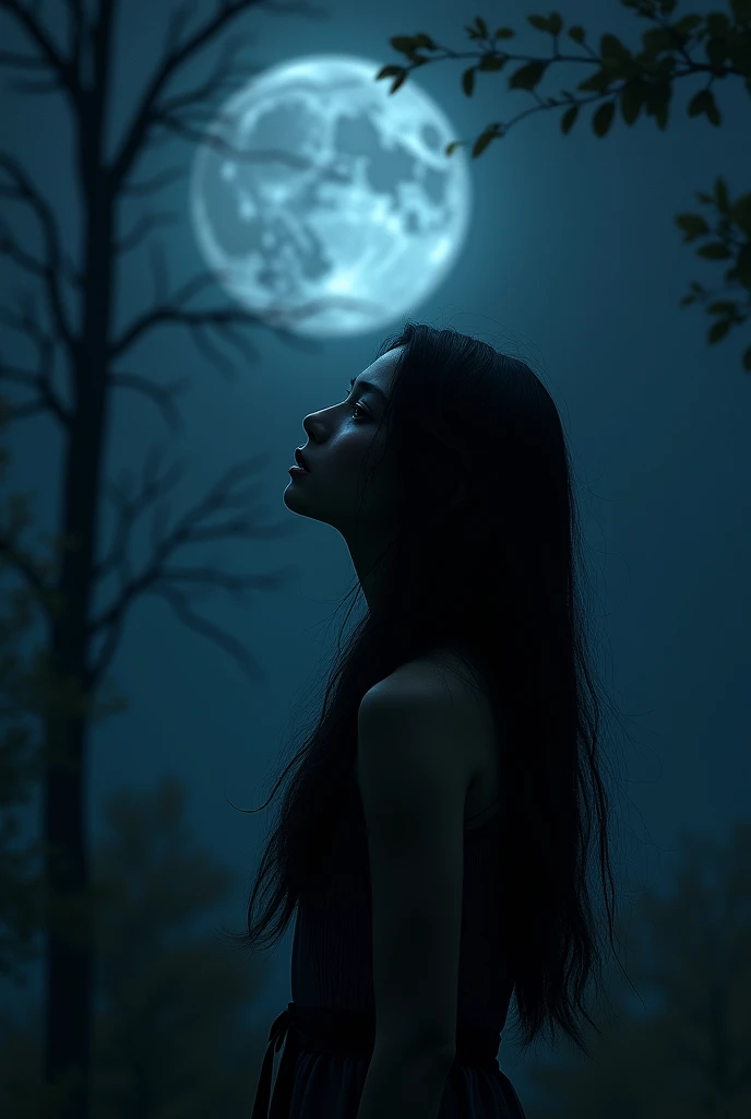 One girl with long hair sharplylooking the dark moonlight