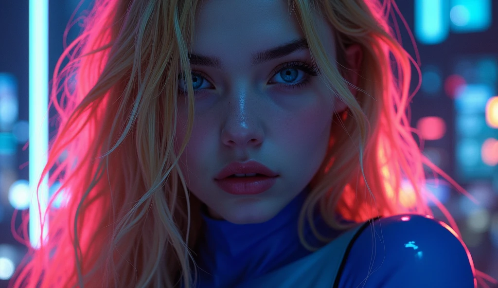 ((best quality)), ((​masterpiece)), (detailed), ((background Cyber)), wet look, ((blond long Hair)), ((Intricate detailing, in the night time, Contre-Jour, random neon color, View from afar, random pose, blue bodysuit, face focus))