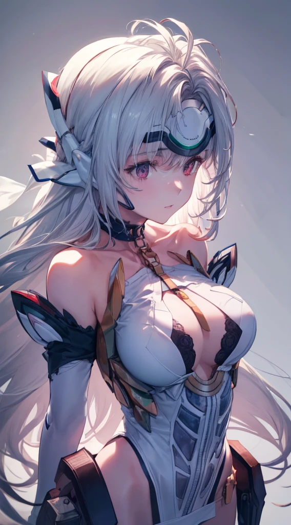 (((Masterpiece))), (portrait), diffused light, dynamic shadows, sharp focus, realistic, detailed, highres, absurdres, anatomically correct, seductive face, white background, torn clothes, looking to the side, black choker, belly button, medium breast
