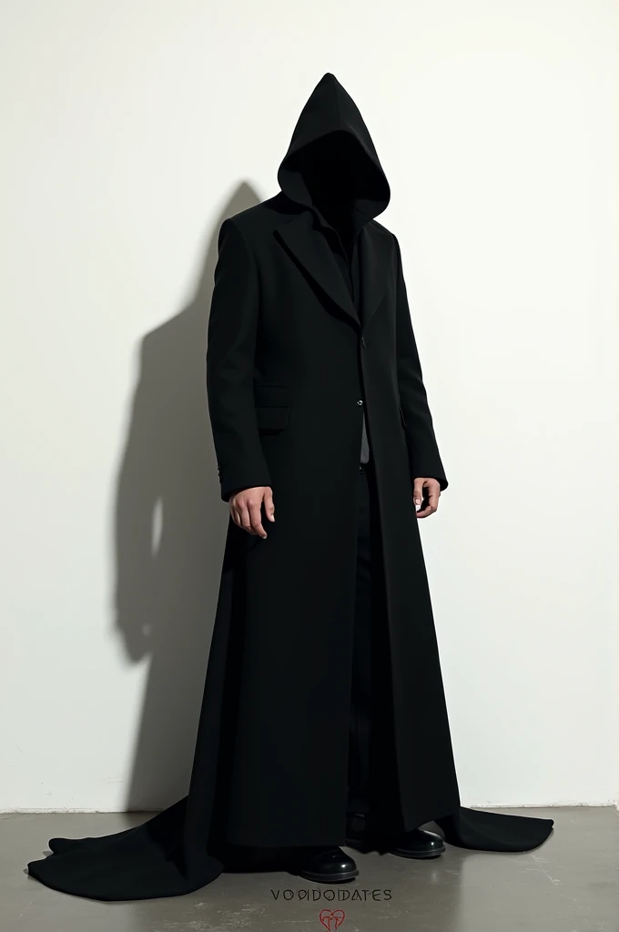 A whit background, a man wearing a long black headed coat with his face hidden completely, his shadow is on the wall behind him, he looks like a sorcerer practicing black magic, feels like a Live Photo, with a word under the magician as Voodoodates being an ad for an international brand
