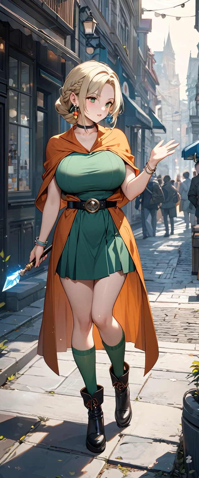 (8k, masterpiece, Highest quality, High resolution, Ultra-fine illustrations:1.2), (Beautiful attention to detail:1.2), One girl, alone, city, Outdoor, DQ Bianca, Single Blade, Earrings, choker, Orange Cape, Green Dress, belt, bracelet, Black boots, Green High Socks, Large Breasts, Contrasting , full body, braid, Waving a magic wand, Crafting magical ice