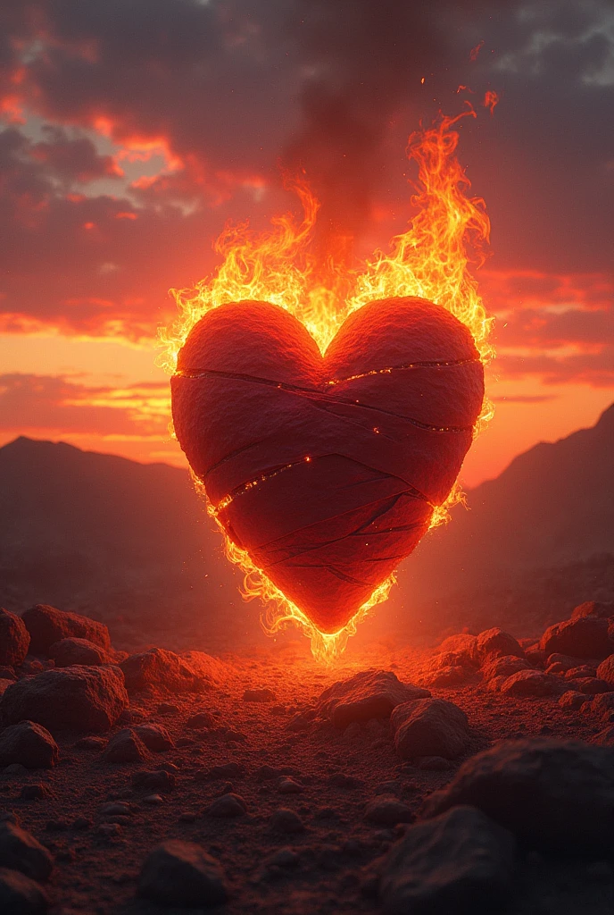 A heart with a burning bandage on a sunset 