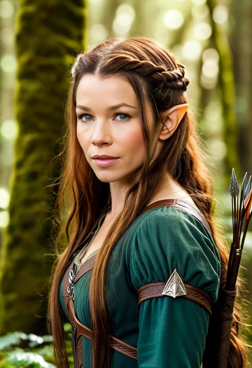 (Evangeline Lilly), 20 years old elf archer Tauriel in Mirkwood forest, long ginger disheveled hair, delicate features of a thin face, cute sexy, The Lord of the rings style , 8K, professionnal photography, Hi-Def, lifelike skin, Without cosmetics, Incredibly fair skin, background of the Hobbit, Rocky Creek, The sun shines its rays through the treetops, bokeh, a vast temperate broadleaf and mixed forest of the Middle-earth region of Rhovanion (Wilderland), east of the great river Anduin