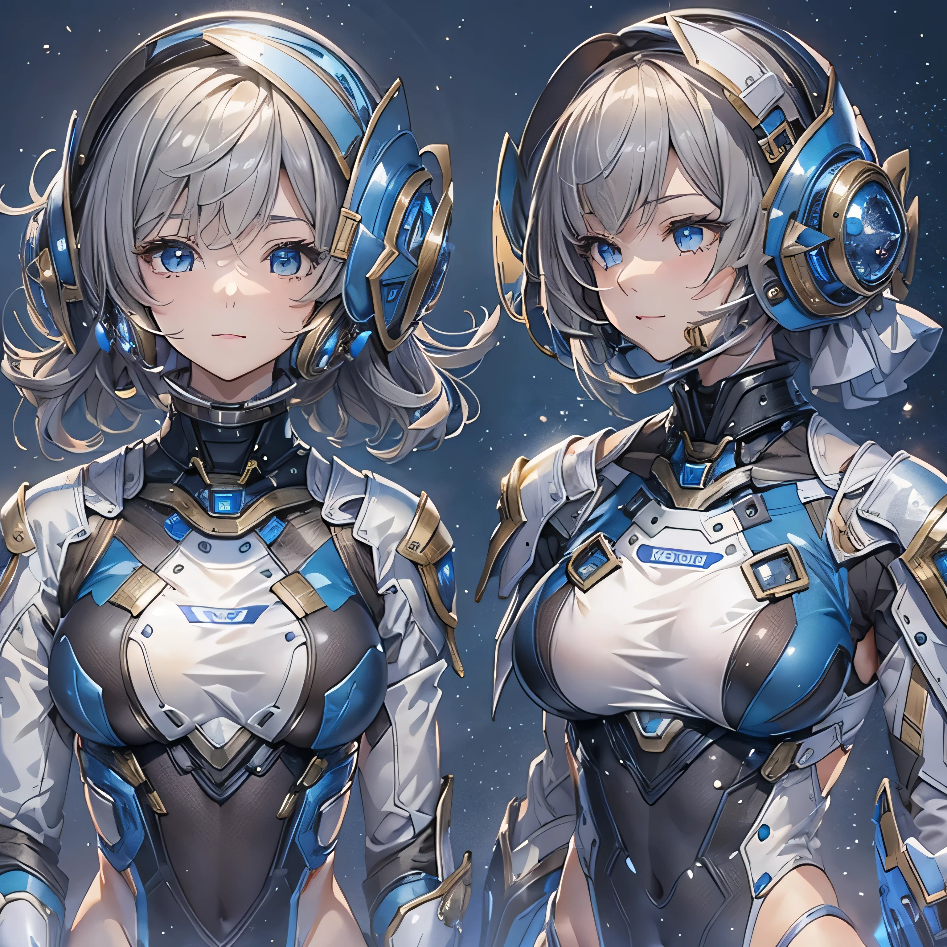 (masterpiece、highest quality、Highest Resolution、Clear_image、Detailed details、Angle from above): (Whole body、One 20 year old girl、Japanese Faces、Small Face、Slender、Navy blue super short bob cut hair、(Hidden small breasts:1.3)、Sparkling blue eyes、Shiny pilot suit in blue and black colors、Chest protection armor、Tight fitting clothes、Clothing that covers the whole body、Glamorous clothes、Tight Fit Pants、Hide your skin、Very delicate and beautiful、Detailed Skin、hide thighs、Hide your ass、Cute、A gentle smile、Soft expression、heroine、headset、Knee-high boots、Elbow-length gloves、Eye Level Shot、Face directly、Woman on a spaceship)