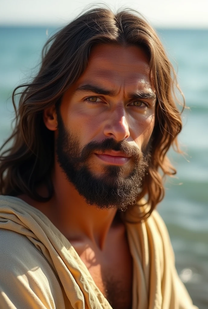 photo of Jesus, in biblical times Jesus, Photorealistic light environment, face full, looking at the camera, calm eyes, serene and loving face, sweet look, there is sea in the background, The whole environment is clear, Photo of Busto --auto--