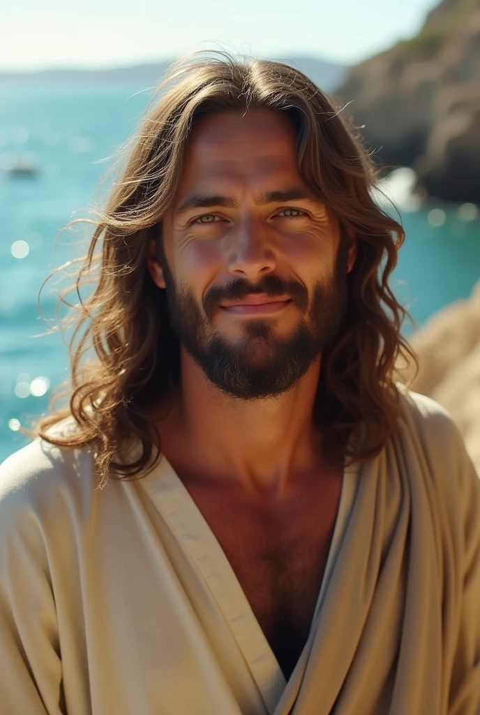 photo of Jesus, in biblical times Jesus, Photorealistic light environment, face full, looking at the camera, calm eyes, serene and loving face, sweet look, there is sea in the background, The whole environment is clear, Photo of Busto --auto--