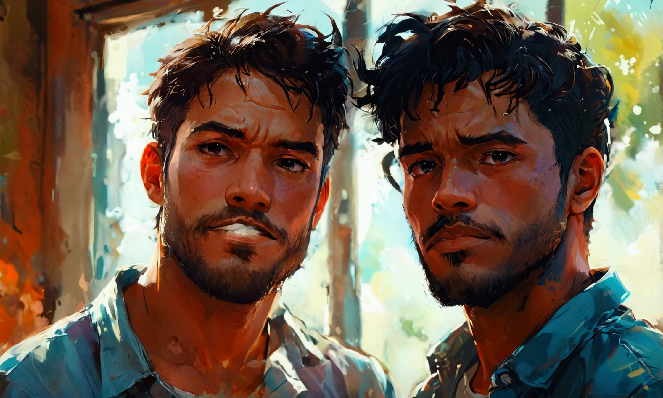 two men friends talking,manga style art