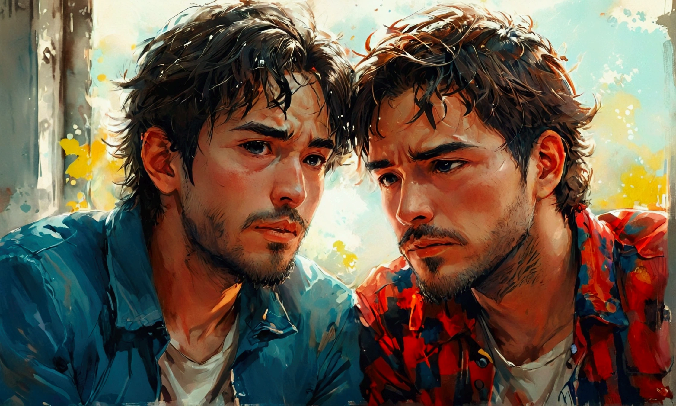 two men friends talking,manga style art