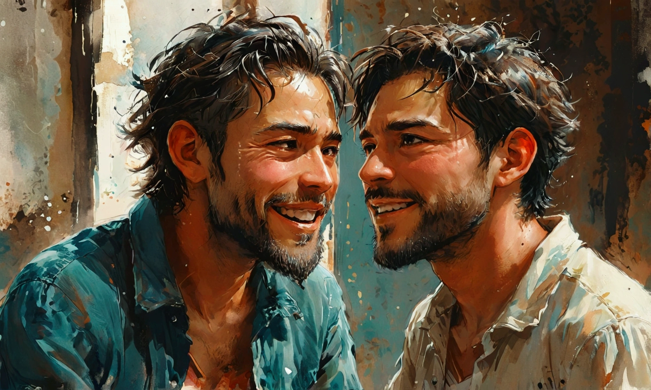 two men friends talking,manga style art
