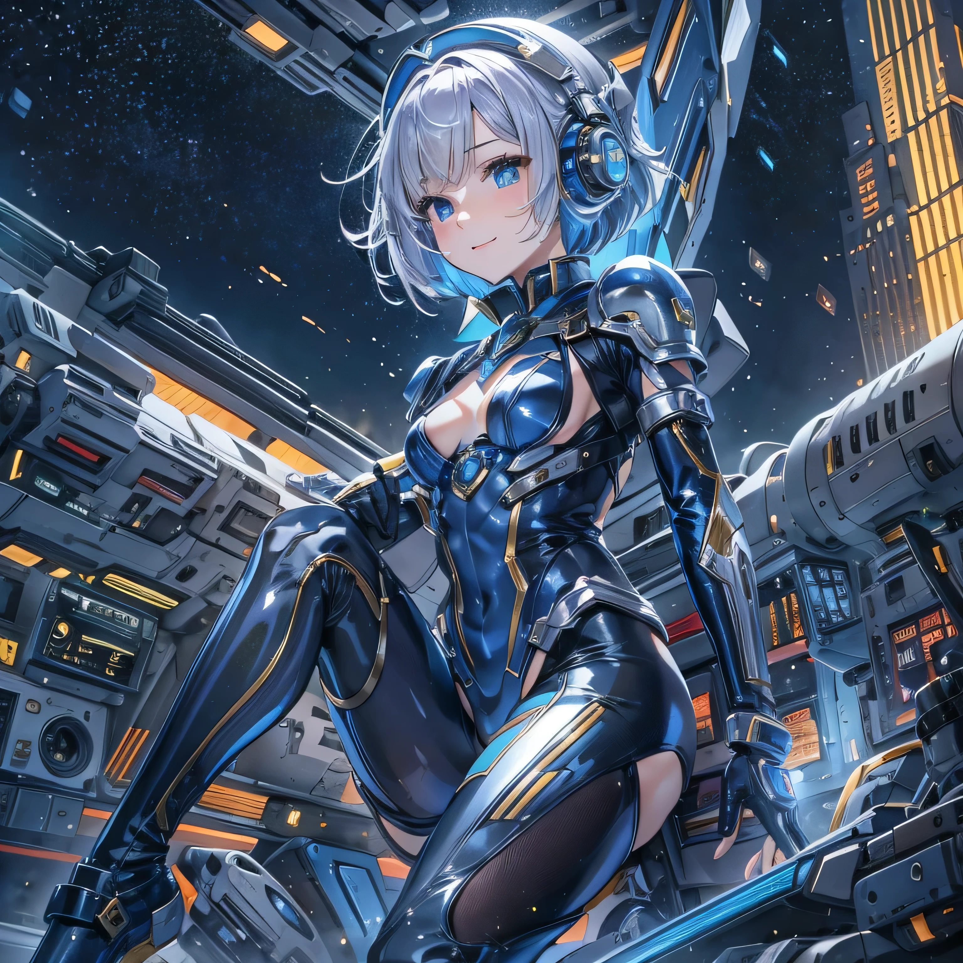 (masterpiece、Highest quality、Highest Resolution、Clear_image、Detailed details、Angle from above): (Whole body、One 20 year old girl、Japanese Faces、Small Face、Slender、Navy blue super short bob cut hair、(Hidden small breasts:1.3)、Sparkling blue eyes、Shiny pilot suit in blue and black colors、Chest protection armor、Tight fitting clothes、Clothing that covers the whole body、Glamorous clothes、Tight Fit Pants、Hide your skin、Very delicate and beautiful、Detailed Skin、hide thighs、Hide your ass、Cute、A gentle smile、Soft expression、heroine、headset、Knee-high boots、Elbow-length gloves、Eye Level Shot、Face directly、Woman on a spaceship)