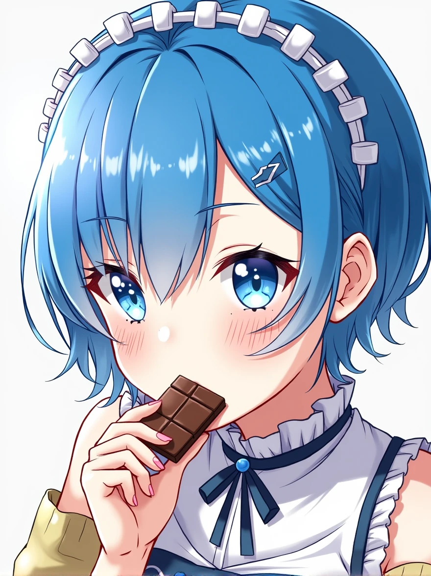 anime girl with blue hair and blue eyes eating a chocolate, an anime drawing by Kentaro Miura, pixiv, process art, rem rezero, top rated on pixiv, moe anime art style, clean and detailed anime art, change, seductive anime girl, anime! 4K, anime! 4k, popular on pixiv, short blue haired woman, sucking a dick, penis,