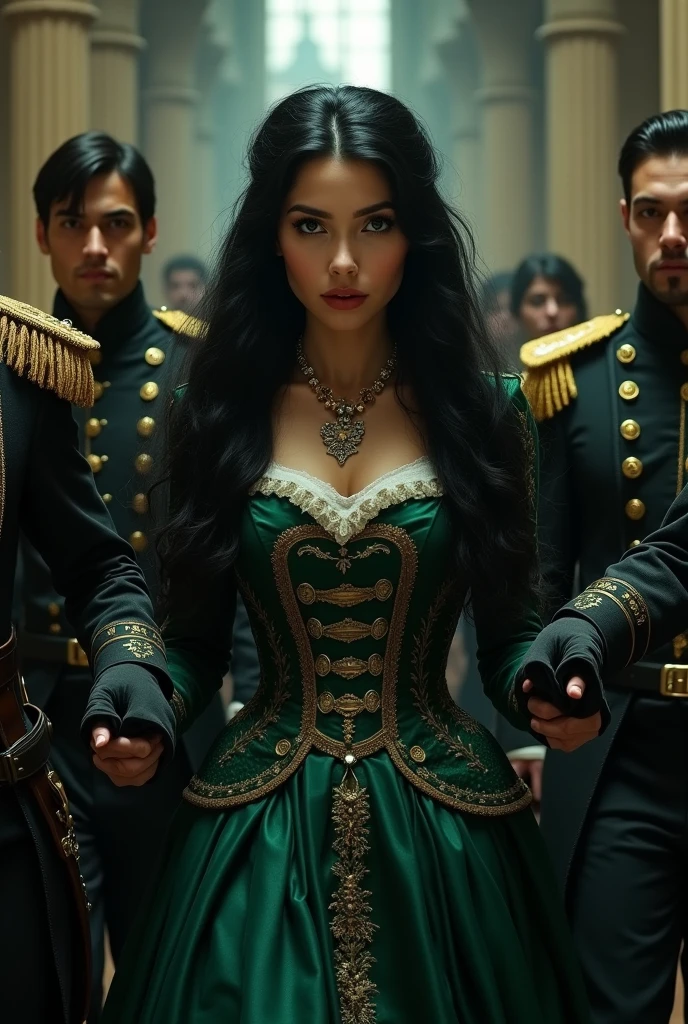 Young woman with long black hair and emerald eyes walking down a castle hallway under arrest with guards dressed as a Victorian princess and icy stare down