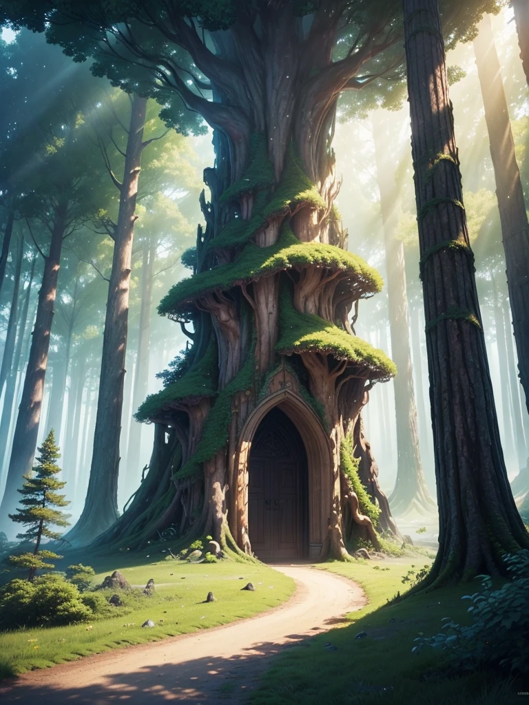 mysteriousな超巨大なトンネルの中に森がある,Giant Tree Forest,There is a huge castle,A gigantic wooden building,There is a huge tree,Different world,new world,universe,There is a road in the middle of the forest,Different world,The sunlight from the sun shines on the earth,Colorful,Best Quality,8k,mysterious,Multidimensional,High Dimension,Fantasy,Different space,There are many different creatures,Nature,romantic,A world beyond imagination,Dream world,universe,Huge river,masterpiece,最高masterpiece,perfection,