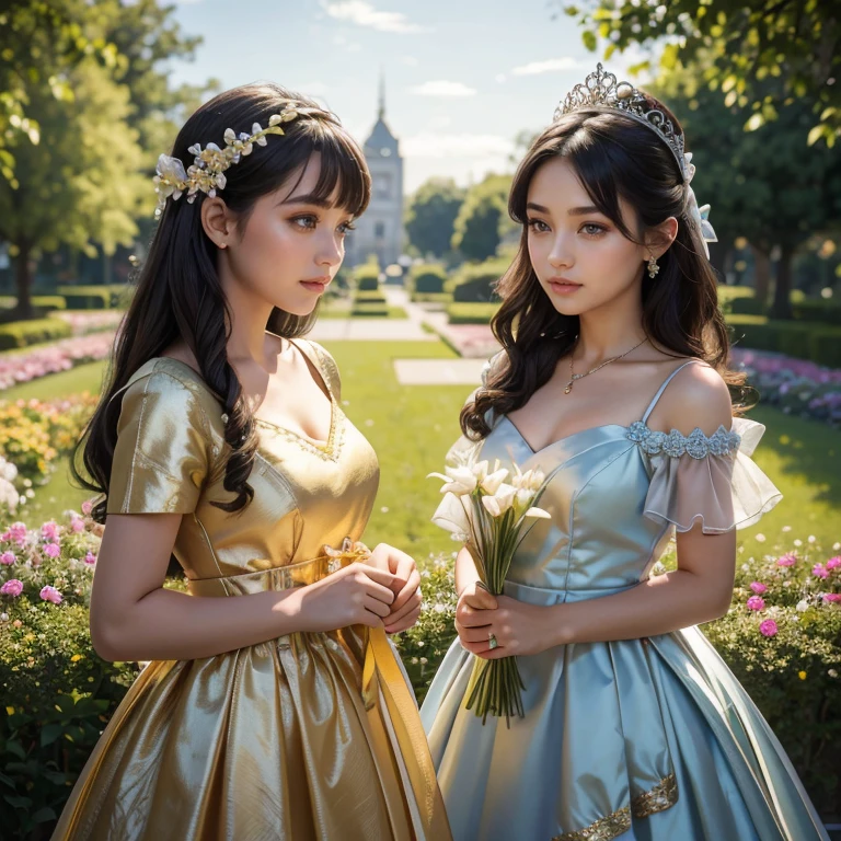 (​masterpiece, best quality:1.5), highest quality, High resolution, super detailed, Realists, Upper body photo of a black-haired flower girl, detailed and beautiful eyes, beautiful detailed lips, very detailed eyes and face, longeyelashes, Young girl in a short dress made of shiny satin fabric, Beautiful and colorful makeup, elegant and noble々Pose,shiny satin headband, grind, Holding flowers, Gardens as background, soft daylight, bright colors, fine brushstrokes, Portrait style, Noble details in the dress fabric, beautiful color palette, glowing skin, First-class rendering, that captures every detail, enchanting atmosphere, subtle shadows and lights, (perfect anatomy:1.2), (The two stunning flower girls in gold and blue dresses held a long silver flower stick with a bow. Exchange glances.  (magnificent panorama view:1.2)