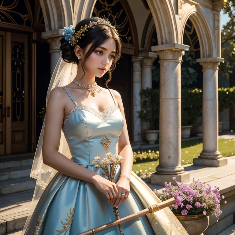 (masterpiece, best quality:1.5), highest quality, High resolution, super detailed, Realists, Upper body photo of a black-haired flower girl, detailed and beautiful eyes, beautiful detailed lips, very detailed eyes and face, longeyelashes, Young girl in a short dress made of shiny satin fabric, Beautiful and colorful makeup, elegant and noble々Pose,shiny satin headband, grind, Holding flowers, Gardens as background, soft daylight, bright colors, fine brushstrokes, Portrait style, Noble details in the dress fabric, beautiful color palette, glowing skin, First-class rendering, that captures every detail, enchanting atmosphere, subtle shadows and lights, (perfect anatomy:1.2), (The two stunning flower girls in gold and blue dresses held a long silver flower stick with a bow. Exchange glances. (magnificent panorama view:1.2)
