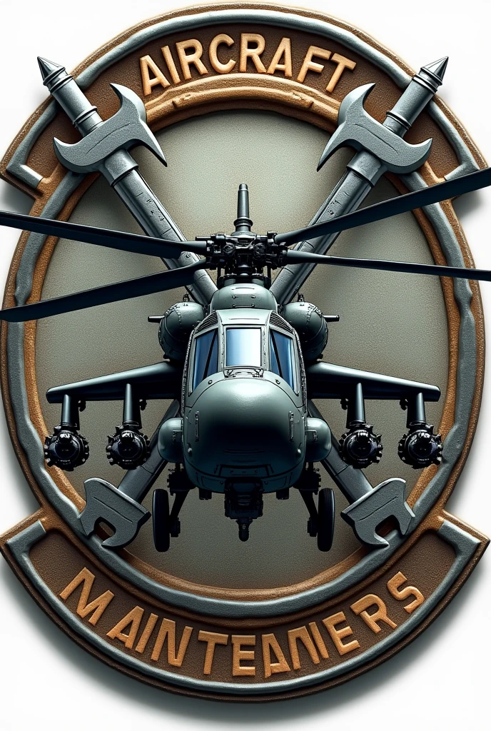 War helicopter patch with tools sticking out from behind in a cross shape with the phrase aircraft maintenance