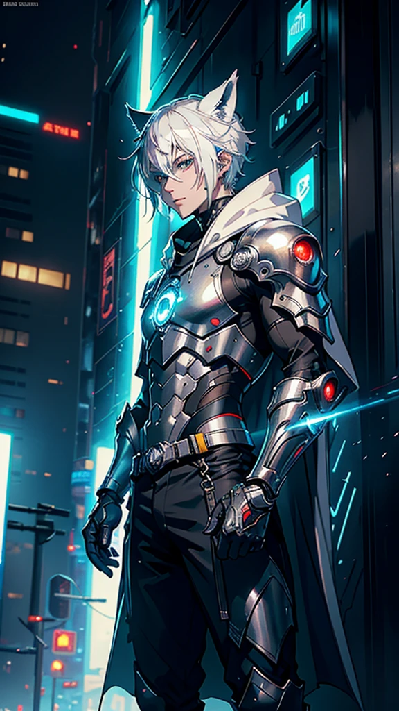 **(short hair, white hair), (solo, wolf ears, man, yellow eyes, glowing eyes), (high-tech gloves, red hooded cape, hood up, advanced robotics armor with Cyberpunk design), smile, night, neon-lit cityscape**
**A detailed portrait of a futuristic gothic Islamic prince with a Cyberpunk and robotics twist, by Justin Gerard, Greg Rutkowski, and Agnes Cecile. Digital art, realistic painting, D&D, character design, trending on ArtStation. Islamic, beautiful like the moon, young male with albino skin, snow white skin, white curly hair, slender face, crimson eyes, advanced robotics armor with Cyberpunk aesthetics, crimson medieval clothing accents, innocent face, Islamic mythological. An extremely delicate and captivating silver-haired man with blue pupils, intricate details, depth of focus, highly detailed, digital painting, concept art, character art, art by Greg Rutkowski, Tyler Jacobson, and Alphonse Mucha. Veil on head, integrated cybernetic enhancements, neon lights, and Islamic elements merged with futuristic robotics and Cyberpunk design.**
